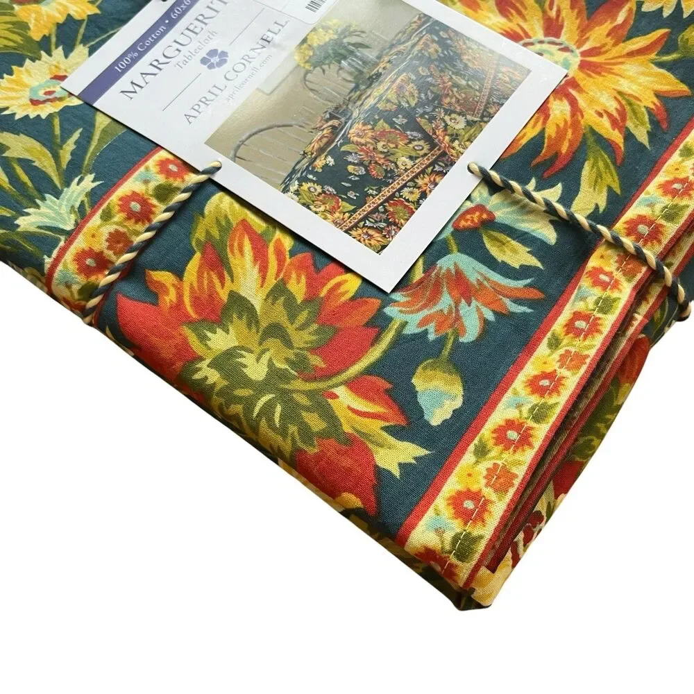 April Cornell Marguerite Floral Tablecloth 60x84 oblong Navy Yellow Cottage New